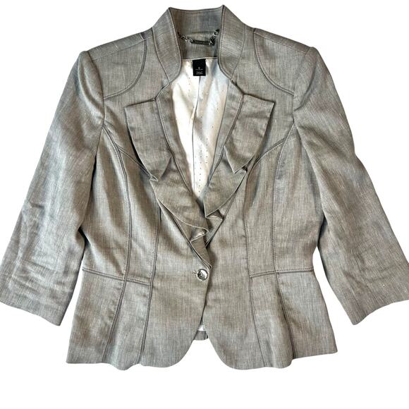 White House Black Market Gray Linen-Blend Ruffle Front Blazer Size 8 - Picture 2 of 11